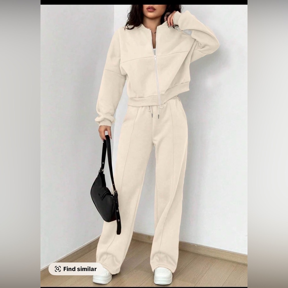Women's Casual Apricot Striped Long Sleeve Zipper Jacket and Pants Set
